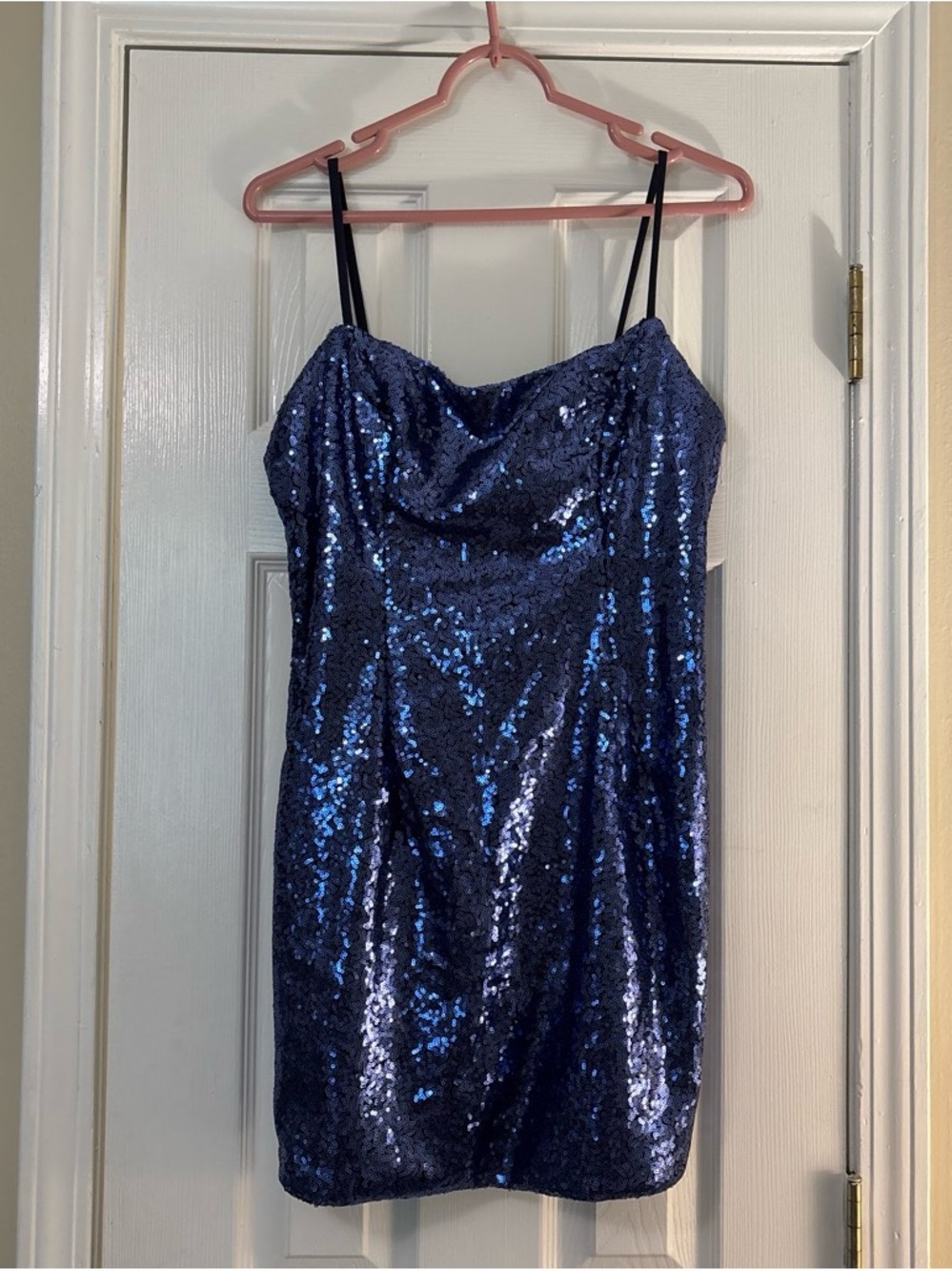 Cowl Neck Navy Sequin Mini Dress with Spaghetti Straps